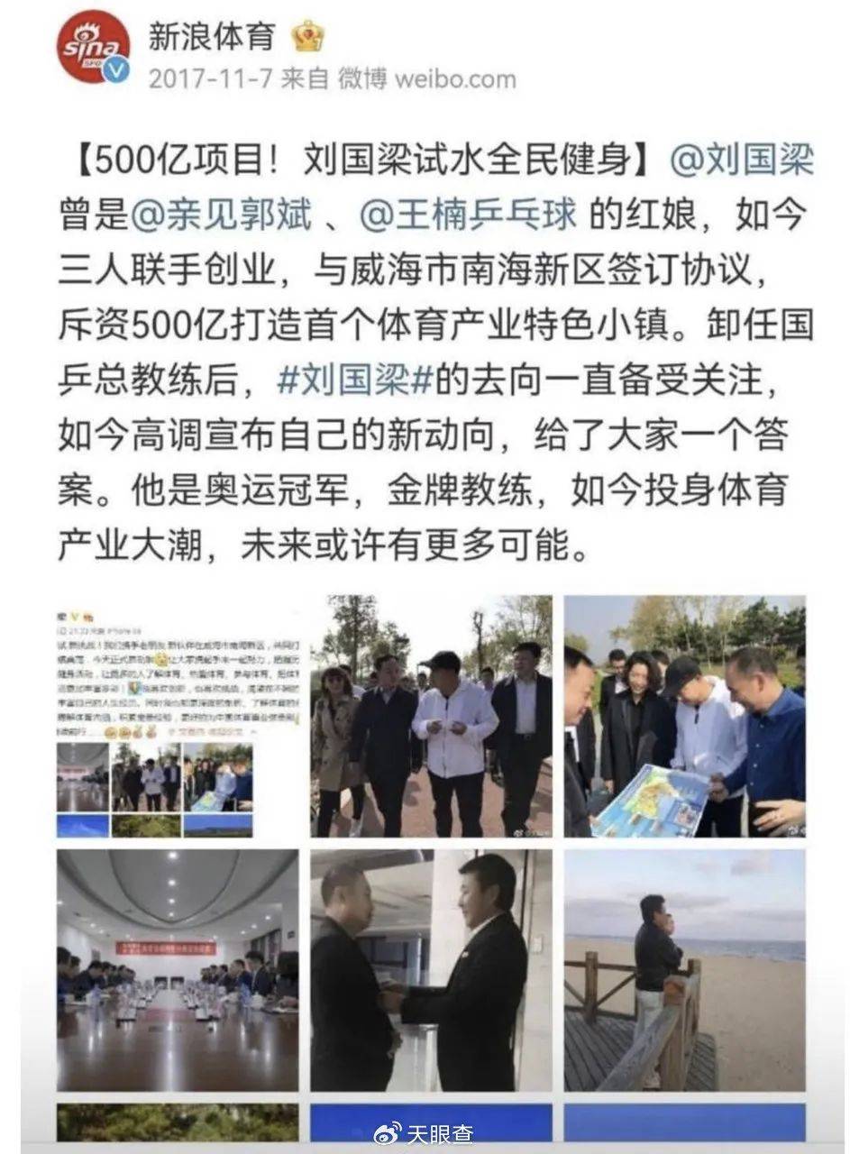 刚辞去中国乒协主席职务的刘国梁关联多家企业,持股人包括其妻子和岳父